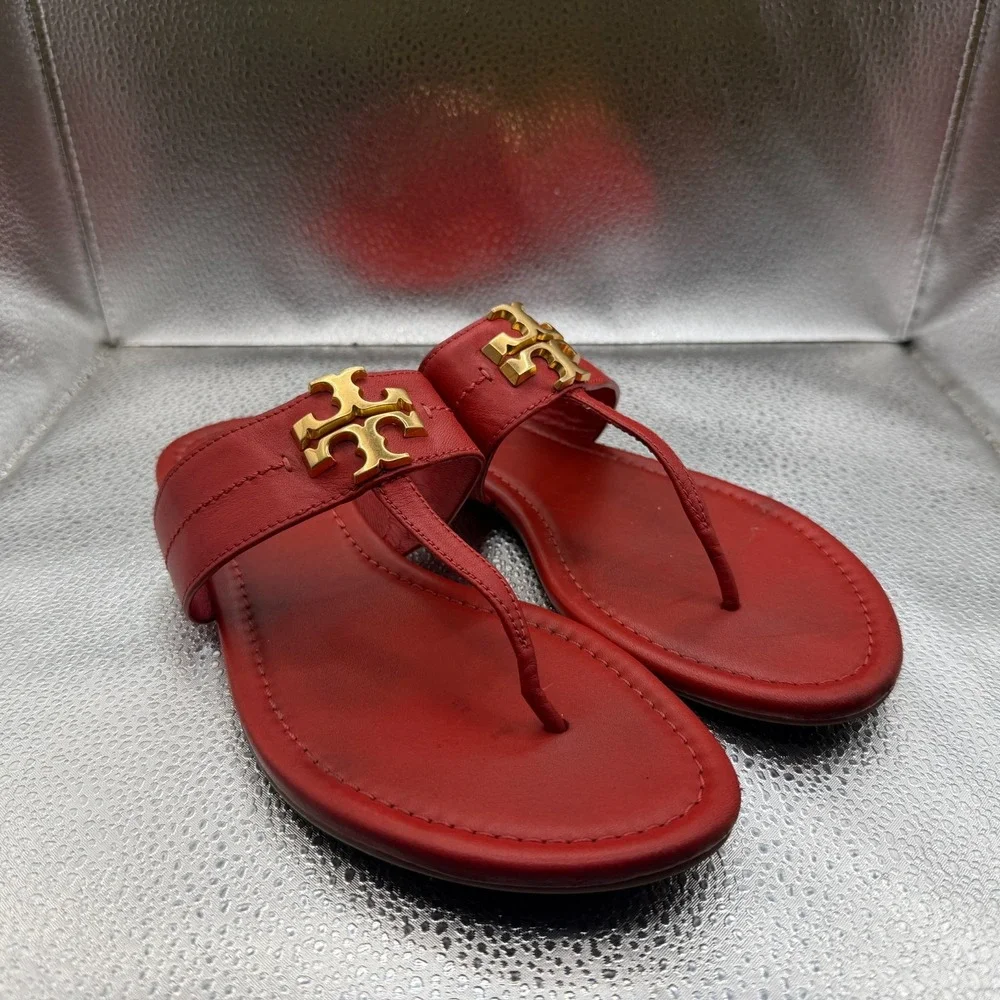 Size 8 Tory Burch Everly Womens Brilliant Red Leather Backless Flat Thong Sandal